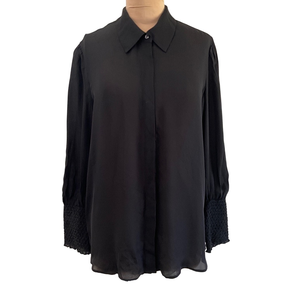 L'Agence 100% Silk Black Blouse Smocked Cuff Hidden Placket Long Sleeve Size M